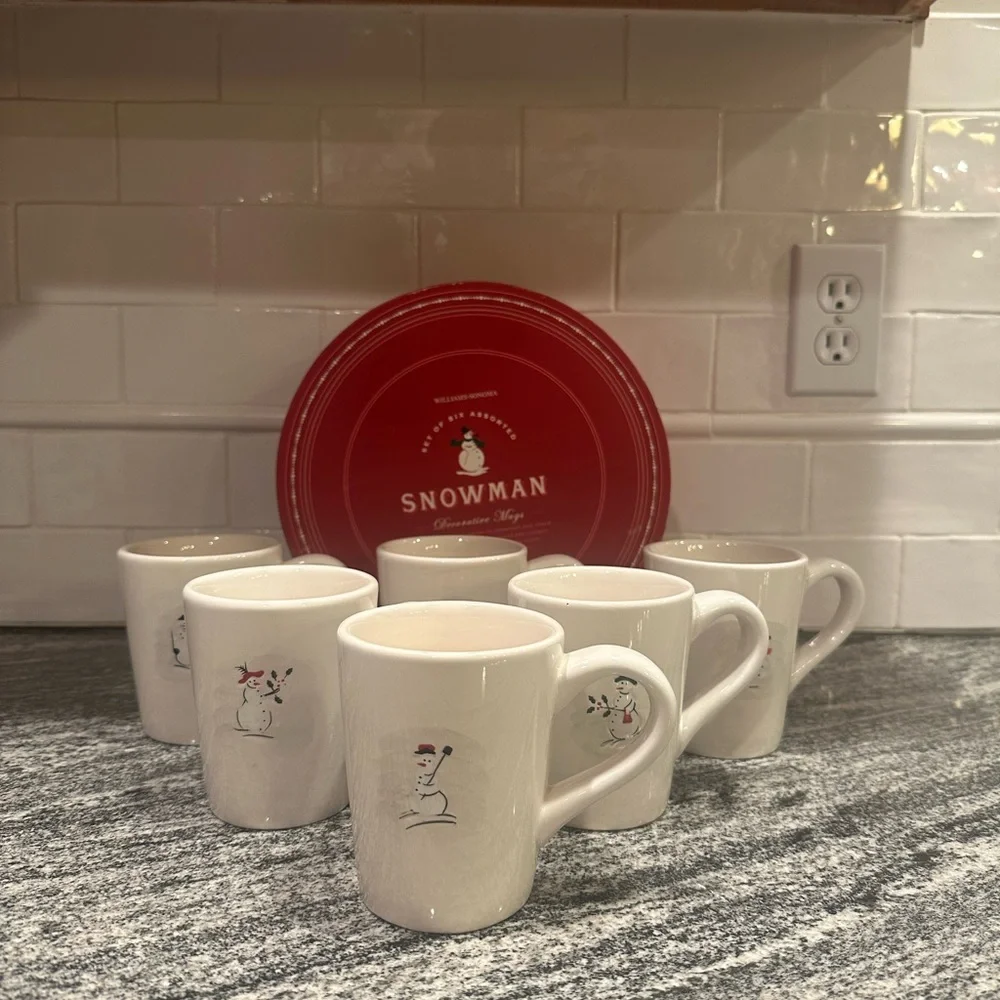 Williams Sonoma Winter Holiday Snowman Christmas Coffee Tea Mug Set of 6